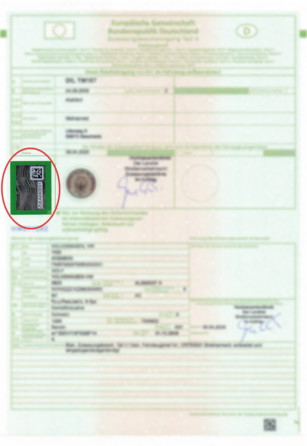 Fahrzeugschein Beispiel